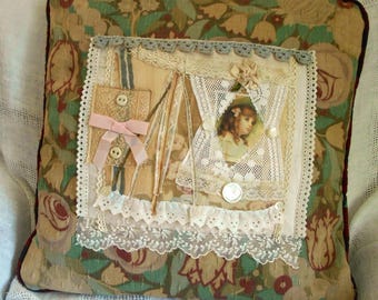 Lace Collage Pillow Cover Winsome Country Girl Antique Woven Tulip Tapestry 16"