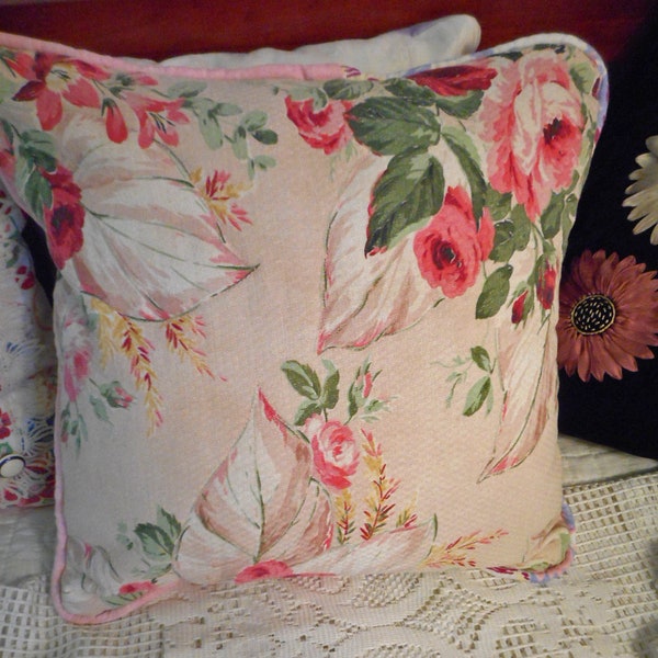 CABBAGE ROSE BARKCLOTH Pillow Cover Upcycled Pastel Pink Blooms & Leaves on Textured Ecru Fabric Red Toile Back Piping Button Opening 16" sq