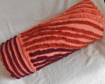 Striped CHENILLE BOLSTER Pillow Salmon & Brown Textured Tufts on Coral Comfy Neck Roll Upcycled Vintage Bedspread Cotton 18 x 6 + Insert