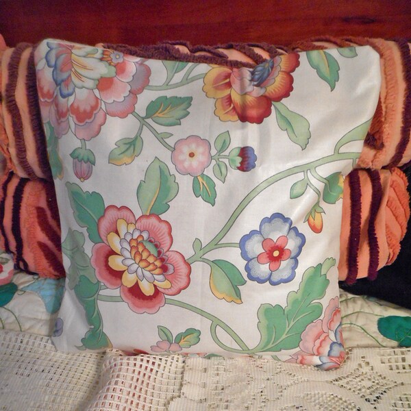 SPRING FLOWERS Pillow COVER Polished Cotton Buy 1 or 2 Pretty Red Pink Blue Yellow Blooms Green Leaves Jay Yang Print Mop Button Back 15" sq