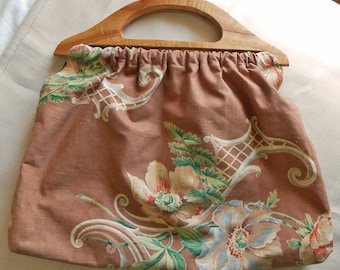 POPPY & SCROLLS Vintage Print Tote BAG Medium Brown Cotton Wood Handles Pink Roses Lining Crochet Embroidery Carrier Meg Perry's Handmade