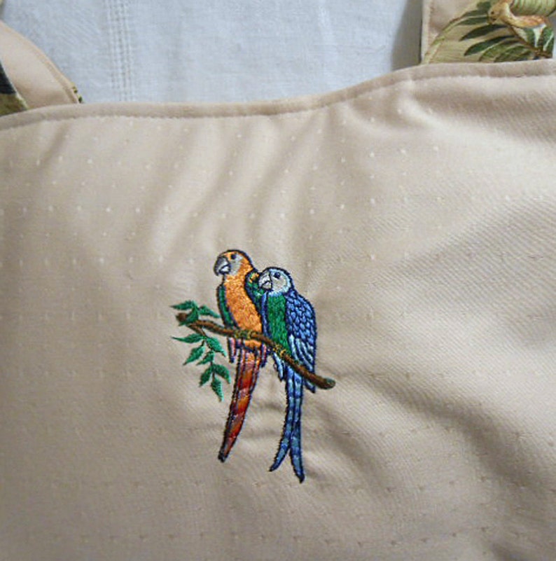 Soft Cotton EMBROIDERED PARROTS PURSE Pretty Birds Girlie Ecru Handbag Padded Handles Tropical Lining Pocket Snap Closer MyBPStudio Handmade