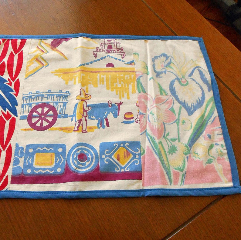 Handmade TABLECLOTH REMNANTS Table Runner D S Pastel Tulips Daisies Daffodil Mexican Scene Feedsack RWB Borders 12 x 40 Blue Tropical Back image 4