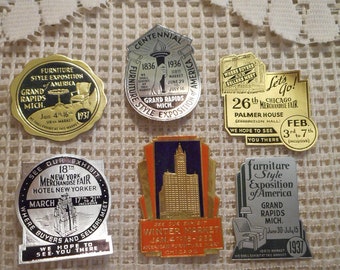 GOLD & SILVER Embossed Foil LABELS 6 Art Deco Ad Finds Merch Fair Furniture Expo Unused 1936 Original Stickers N Y Mich Chi Collage Cards