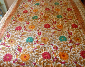 BATIK TABLECLOTH or BEDSPREAD Hand dyed Bright Orange Gold & Red Colors on Pale Yellow Cotton Floral Geo Designs Vintage India 66 x 102 xl