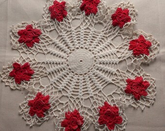 Dainty RED ROSES Round DOILY Hand Crochet Detailed White Radial Center 10 Raised Blooms 1930s Vintage 16" Table Topper Centerpiece