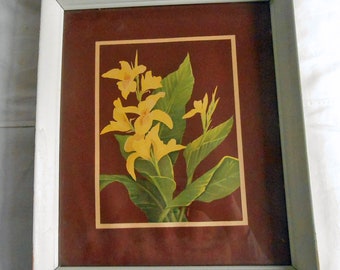 Graceful YELLOW LILIES Litho PRINT Framed Vintage Wall Decor Gold Blooms Green Leaves on Brown 13 x 11 Gray Wood Frame 1940s Botanical  Art