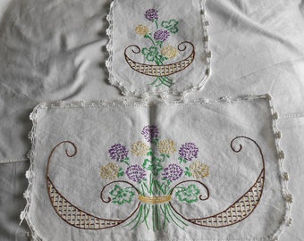 2 Art Deco EMBROIDERED CLOVER DOILIES Ivory Cotton Yellow & Purple Blooms Green Leaves Scrolled Lattice Bowl Lace Trim 2 Sizes Slow Stitched