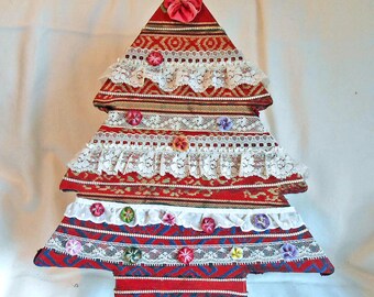 Christmas Treasure or Ornament Storage Box Tree Shape Handmade Collage Lace Rosettes Junk Stash Finds