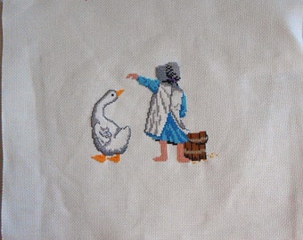 FARM GIRL and GOOSE Preworked Counted Cross Stitch Detailed Figures Wooden Bucket 18 Mesh White Aida Cloth 11.5 x 10" Unused Find to Frame