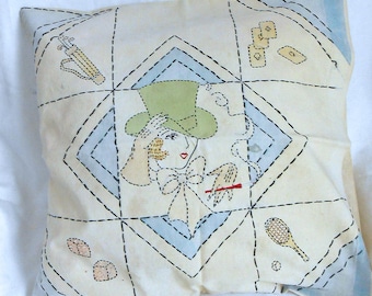 Gatsby Girl Pillow Cover 1920s Art Deco Hand Painted & Embroidered Cotton Keepsake