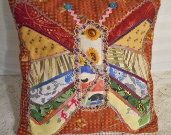 Fancy BUTTERFLY PATCHWORK PILLOW Art Collage on Tan Floral Tapestry Sunflower Frogs Bamboo Blooms Lace Braids Meg Perry's Ooak + 14" Insert