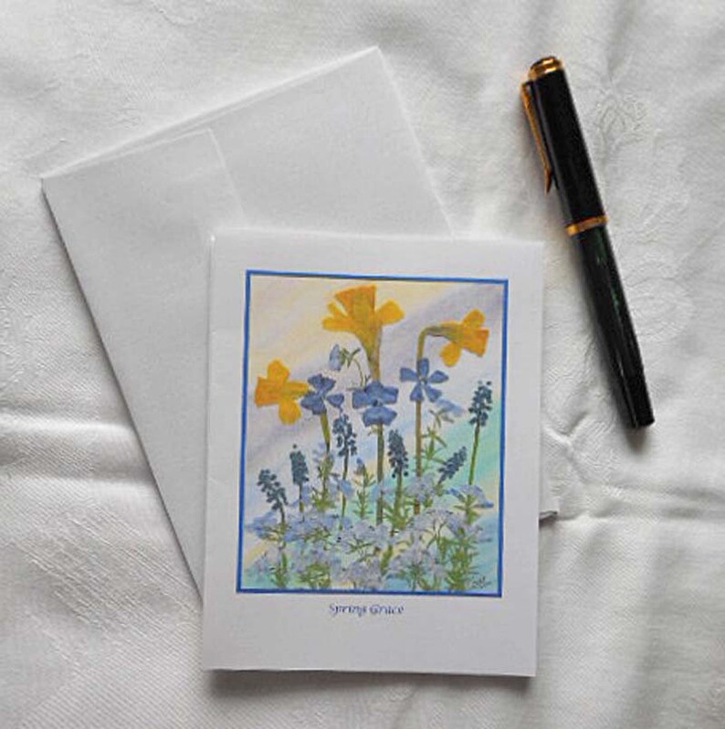 DAFFODIL SPRING GRACE Note Cards Meg Perry's Pressed Flower Art Yellow Blue on White Acid Free Paper 4 or 8 Packet & Envelopes Writer Gift 8 cards and env