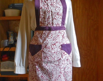 BIB APRON Daisy Flower Cotton Burgundy Waist Ties & Pocket Trims 2 Pockets Handmade Full Body Wrap Fits Most Sizes Meg Perry Design Washable