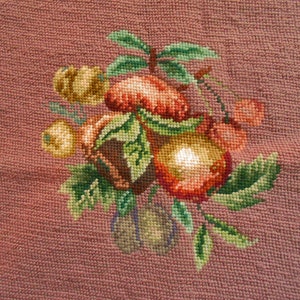May include: A needlepoint tapestry featuring a central cluster of assorted fruits including peaches, cherries, and nuts, rendered in shades of red, orange, yellow, and brown, surrounded by green leaves on a textured, dusty rose-colored fabric background.
