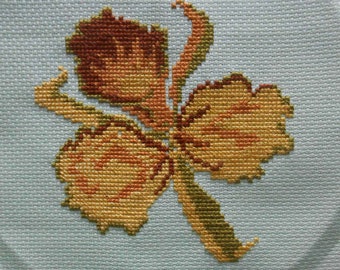 GOLD ORCHID or DAFFODIL Counted Cross Stitch on Pale Green Aida Block Finished 12 x 10 Vintage Botanical Find to Frame or Use in Project