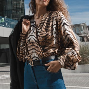 Silk blouse, Tiger print top, Animal print blouse, Silk Wrap Blouse, Silk Shirt Women, Long Sleeve Blouse, Loose Blouse, Puff Sleeve Top