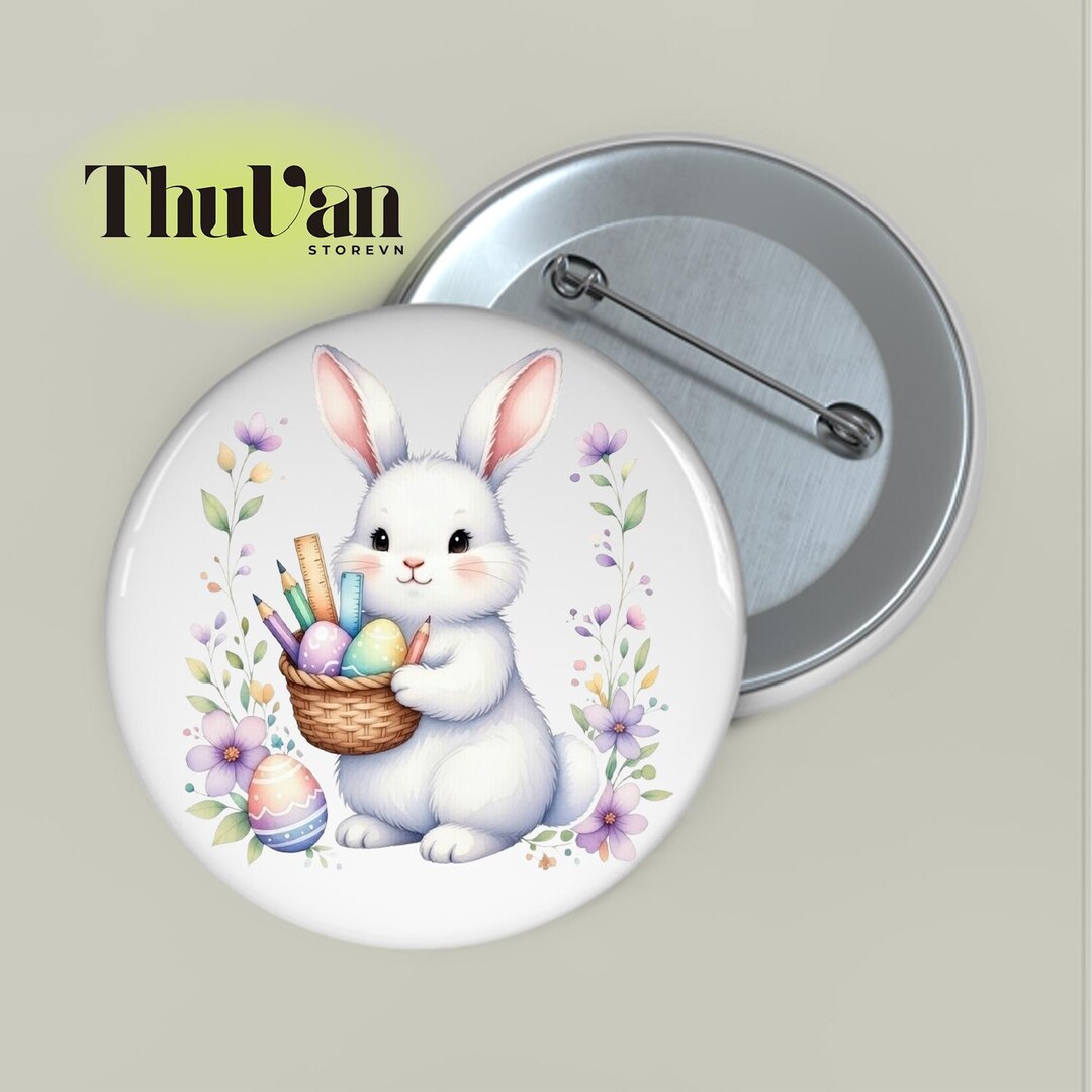 Cute Easter Bunny Pin Button, White Rabbit Supplies Basket, Aesthetic ...