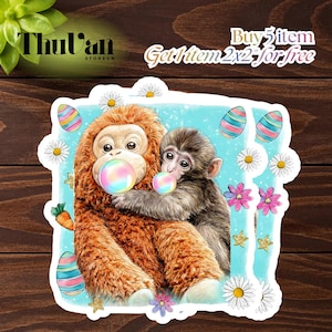 May include: A sticker featuring two monkeys blowing bubbles, surrounded by Easter eggs, daisies, and carrots on a light blue background. The sticker has the text "Buy 5 item Get 1 item 2x2 for free" and the store name "Thul'van STOREVN".