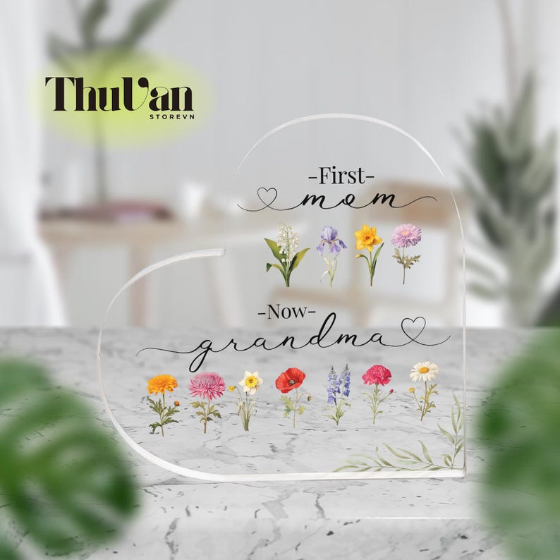 First Mom Now Grandma Acrylic Plaque, Personalized Birth Flower Gift ...