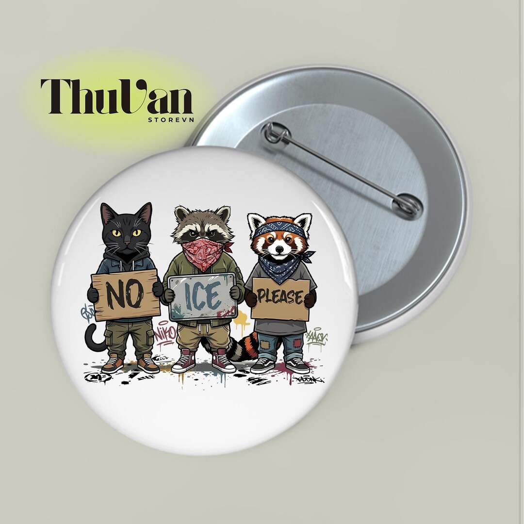 No Ice Please Pin Button, Black Cat Raccoon Red Panda Protest, Anti Ice ...