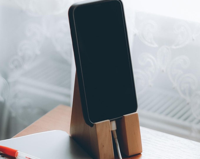 Wooden Cell Phone Stand: Desk Smartphone & Tablet Holder