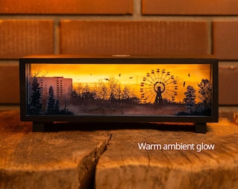 Lampa nocna Prypeć, wystrój Czarnobyla, drewniana lampa Skyline, ciepłe światło nastrojowe, lampa miejska Ukraina