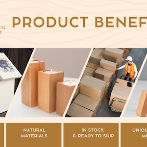 May include: Image showcasing wooden home decor items. Includes a house-shaped tea bag holder, wooden candle holders with lit candles, and a worker with boxes. Text reads "Product Benefits", "Original Designs", "Natural Materials", "In Stock & Ready to Ship", and "Unique Stand Model".