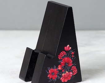 Witch floral iphone stand, black wooden cell phone holder, farmhouse phone accessories, handmade gift, gothic mobile stand, gift for her