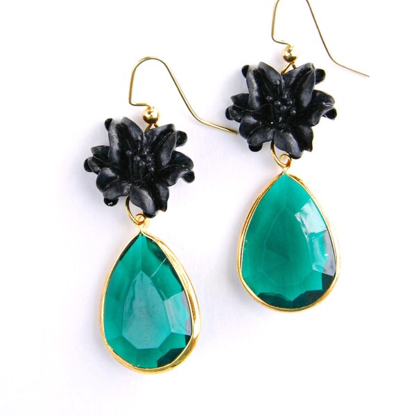Black Flower Earrings, Emerald Earrings, Lily Earrings, Gold Earrings, Green Earrings, Christmas Gift, Gift for Her, Stocking Stuffer