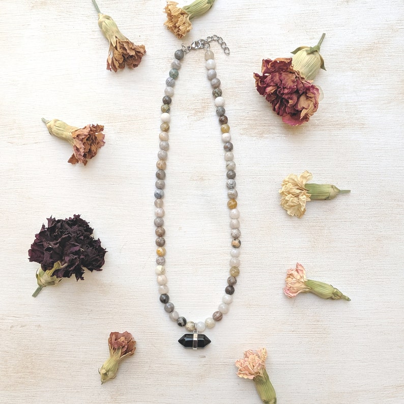 Onyx Choker Gift Women Beaded Stone Necklace Bamboo Agate Necklace Onyx Necklace Onyx Pendant Bamboo Agate Choker Gemstone Necklace