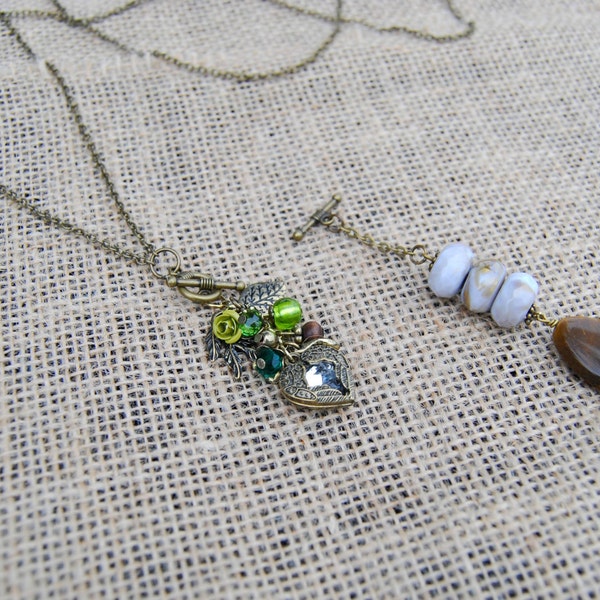 Green Leaves and Brown Tigers Eye Dangle Interchangeable Toggle Boho Necklace