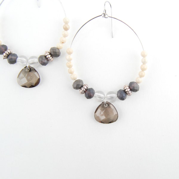 Stainless Steel Beaded Hoop Teardrop Earrings - Neutral Gray, White, Brown Earrings - Boho Earrings - Hoop Drops - Stainless Steel