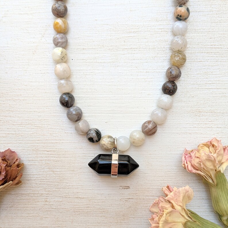 Onyx Choker Gift Women Beaded Stone Necklace Bamboo Agate Necklace Onyx Necklace Onyx Pendant Bamboo Agate Choker Gemstone Necklace