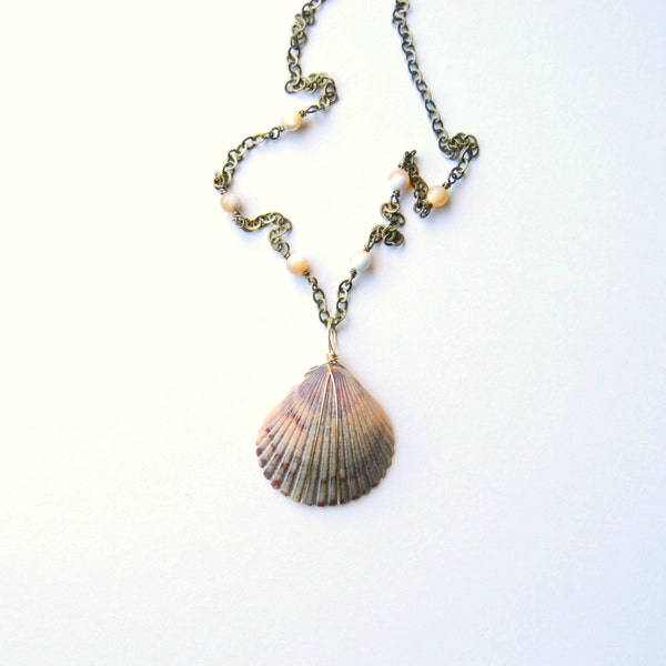 Wire Wrapped Sea Shell and Pearl Necklace