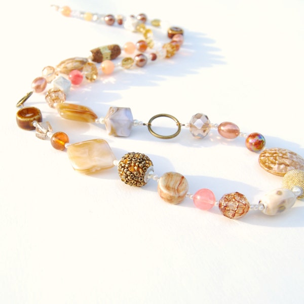 Long Beaded Necklace - Brown, Pink, and White Necklace
