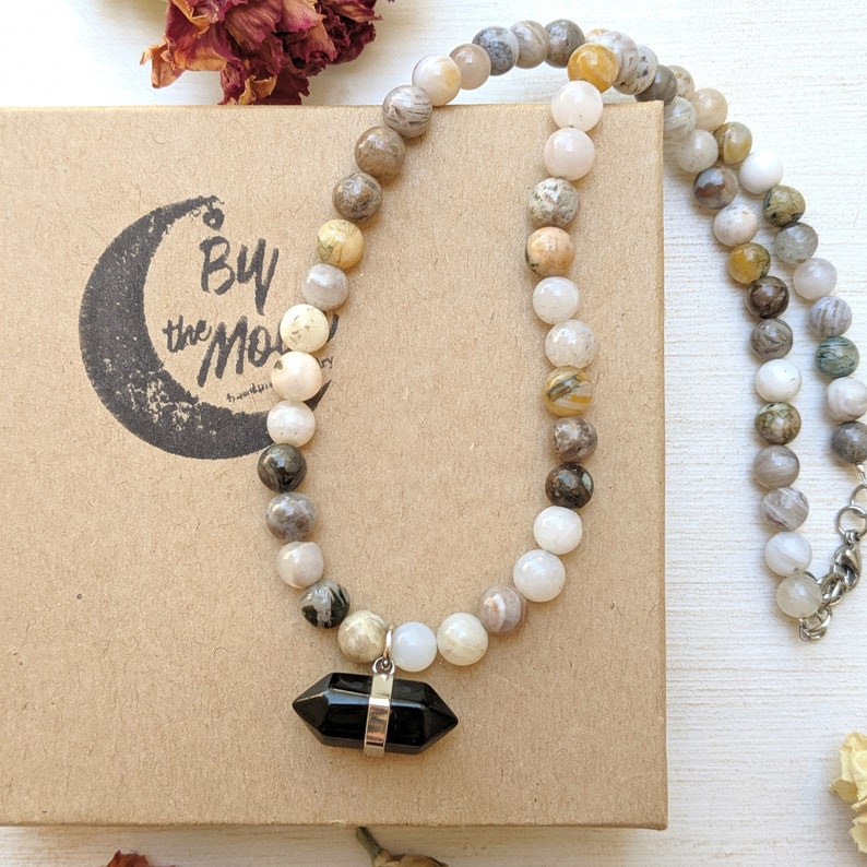 Onyx Choker Gift Women Beaded Stone Necklace Bamboo Agate Necklace Onyx Necklace Onyx Pendant Bamboo Agate Choker Gemstone Necklace