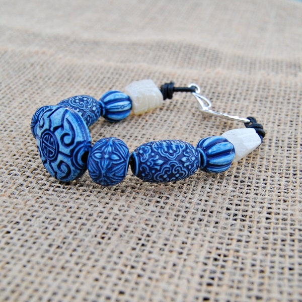 Boho Blue Moroccan Ceramic Beads and Leather Cord Bracelet with Silver Hook Clasp
