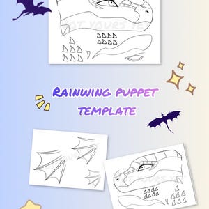 May include: A Rainwing puppet template with a dragon head and wing designs. The text "Rainwing Puppet Template" is displayed in purple. The image includes a purple dragon silhouette and yellow star and diamond shapes.
