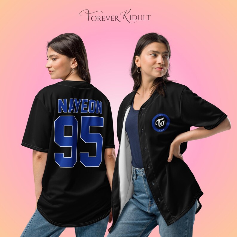 May include: Black baseball jersey with blue detailing. The jersey displays the name "NAYEON" and the number "95" in blue on the back. A blue and white circular logo is on the front. The brand name "FOREVER KIDULT" is at the top.