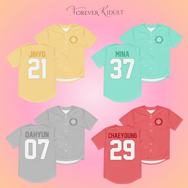 May include: Baseball-style jerseys in yellow, teal, gray, and red, each with a player's name and number on the back. The jerseys have a button-up front and a circular logo on the chest. The text "Forever Kidult" is at the top.