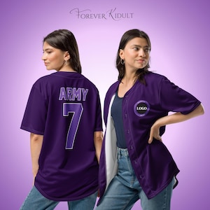 May include: A purple baseball jersey with the word "ARMY" and the number "7" on the back. The jersey has a button-up front and a circular logo on the chest. The text "FOREVER KIDULT" is at the top.