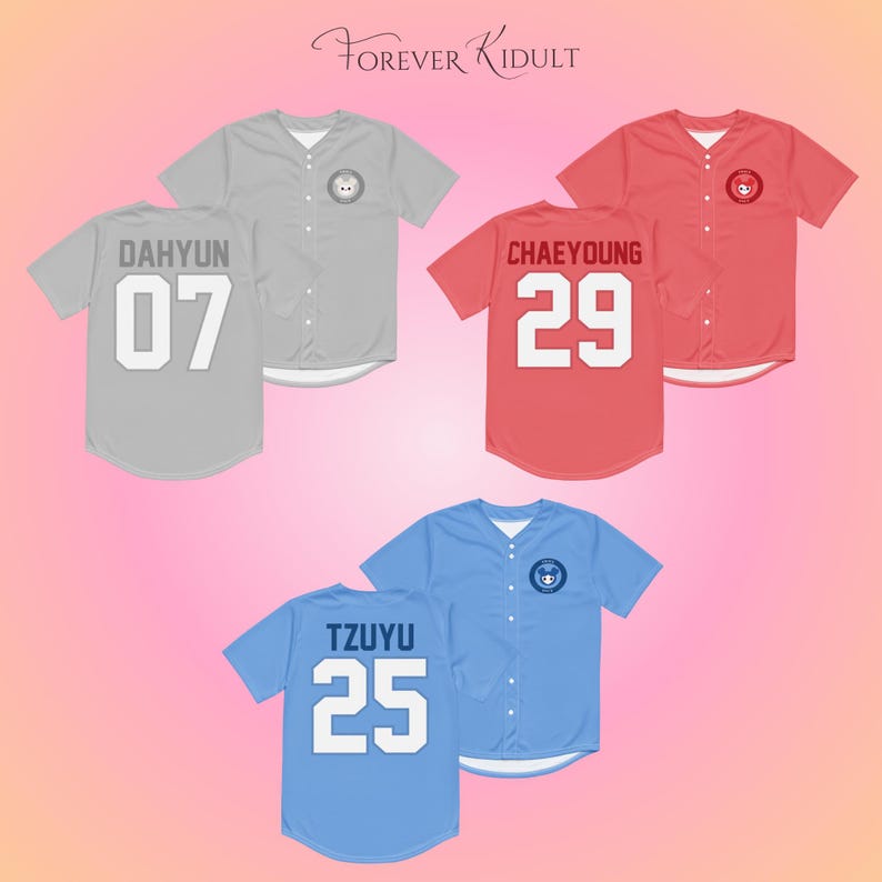 May include: Baseball jerseys in gray, red, and blue, each with a player's name and number on the back. The jerseys have a button-up front and a small logo on the chest. The text "Forever Kidult" is at the top.