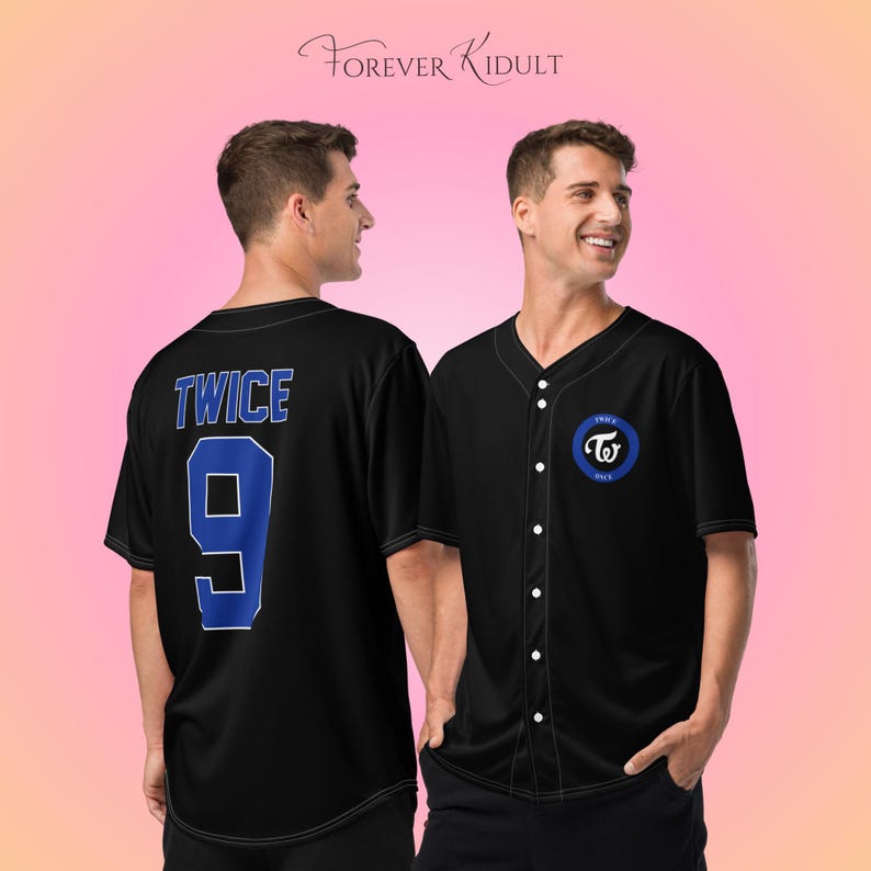 May include: Black baseball jersey with a button-up front and short sleeves. The jersey has the word "TWICE" and the number "9" in blue on the back. A blue and white logo is on the front. The brand name "Forever Kidult" is written in cursive at the top.