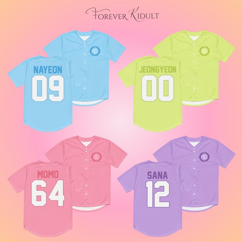 May include: Baseball jerseys in light blue, yellow-green, pink, and purple. Each jersey has a name and number on the back. The jerseys have a button-up front and a logo on the chest. The text "Forever Kidult" is at the top.