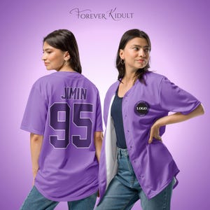 May include: A purple baseball jersey with the name "JIMIN" and the number "95" on the back. The jersey has a button-up front and a circular logo on the chest. The image has the text "Forever Kidult" at the top.