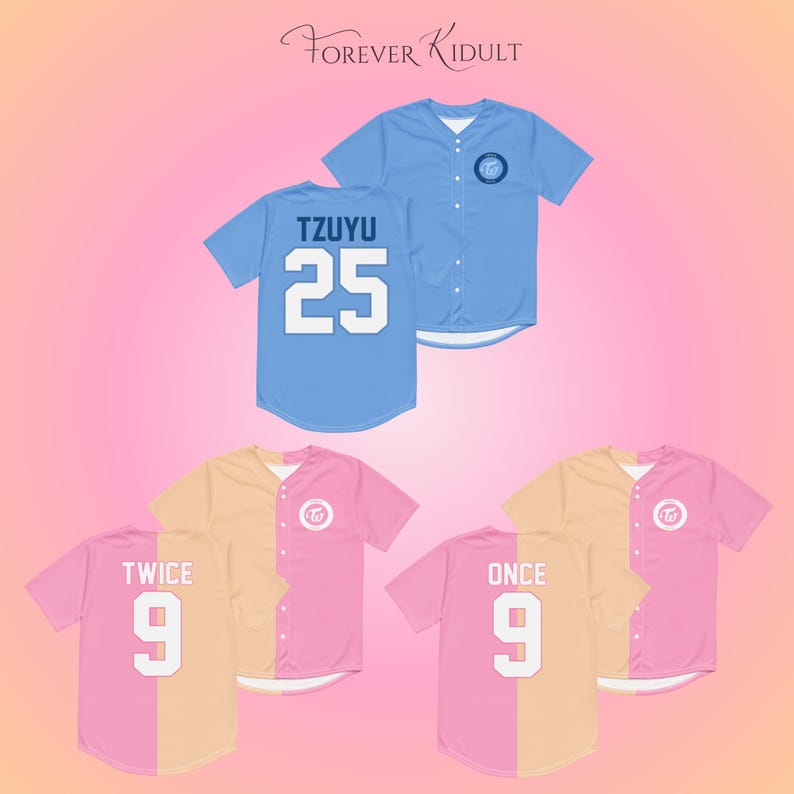 May include: Baseball jerseys in light blue, pink, and tan, with the text "TZUYU 25", "TWICE 9", and "ONCE 9". The jerseys have a button-up front and a circular logo on the chest. The top of the image has the text "Forever Kidult".