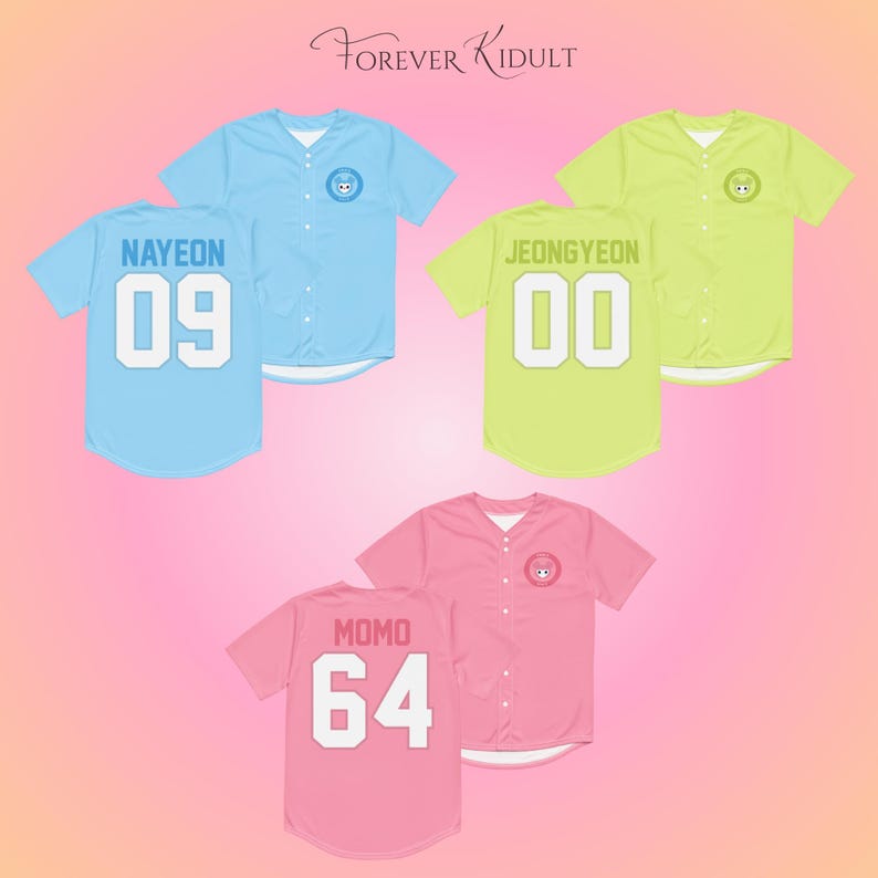 May include: Baseball jerseys in light blue, yellow-green, and pink. Each jersey has a name and number on the back. The light blue jersey has "NAYEON" and "09". The yellow-green jersey has "JEONGYEON" and "00". The pink jersey has "MOMO" and "64".