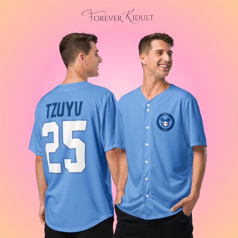 May include: Light blue baseball jersey with the name "TZUYU" and the number "25" in white on the back. The front features a small circular emblem with a cartoon bear. The text "FOREVER KIDULT" is at the top.