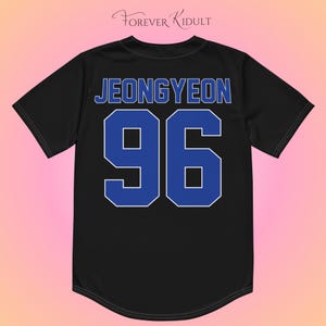 May include: Black baseball jersey featuring the name "JEONGYEON" and the number "96" in blue with a white outline. The jersey has short sleeves and a rounded hem. The text "Forever Kidult" is in the upper left corner.